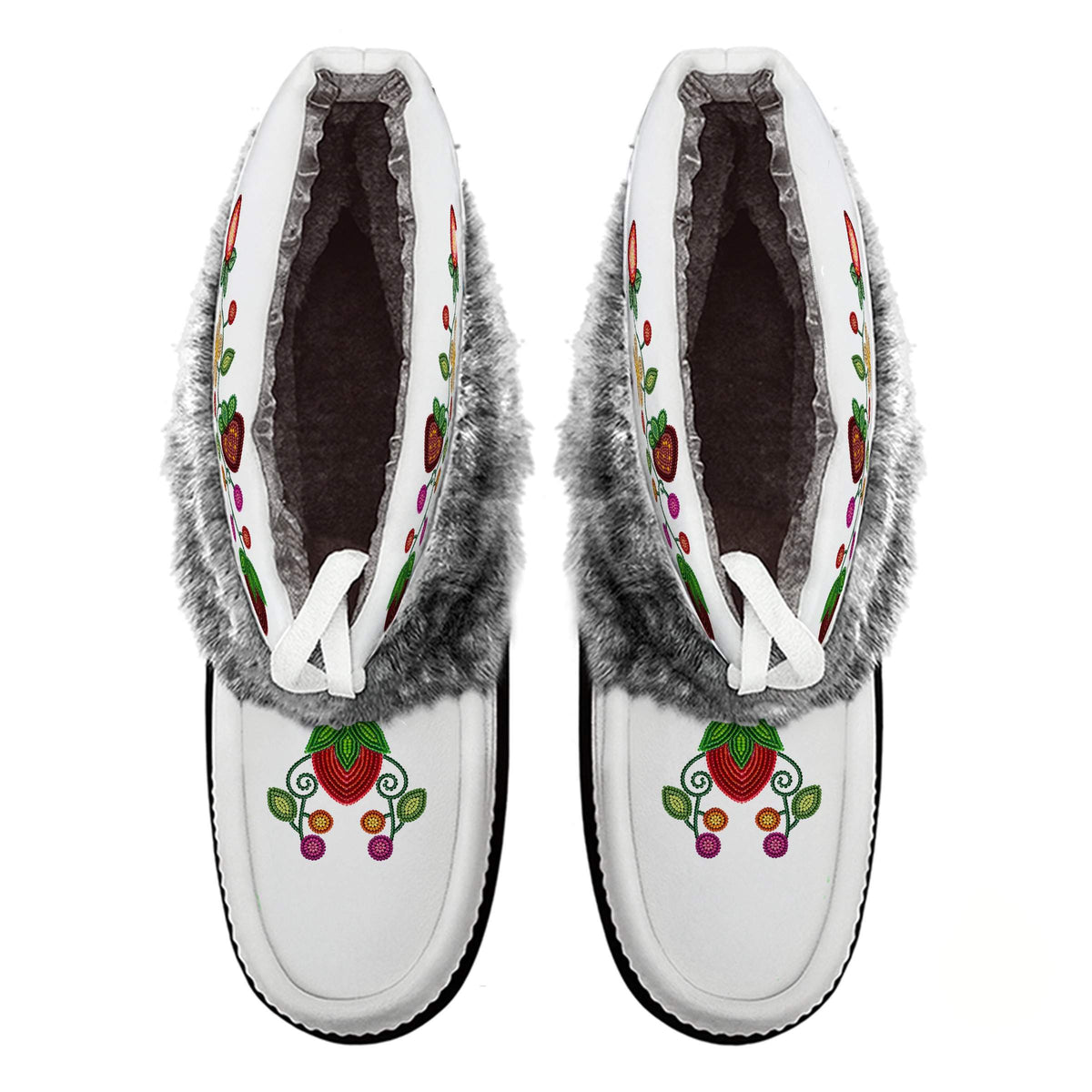 Berry Garden White Leather MocLux Ankle with Grey Fur from above, sherpa lining, white ties and printed toe design