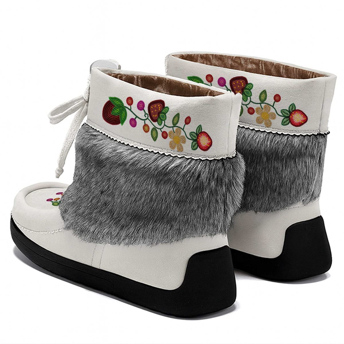 Berry Garden White Leather MocLux Ankle with Grey Fur, back view of a pair with a cuff printed with strawberries, flowers and leaves on a vine