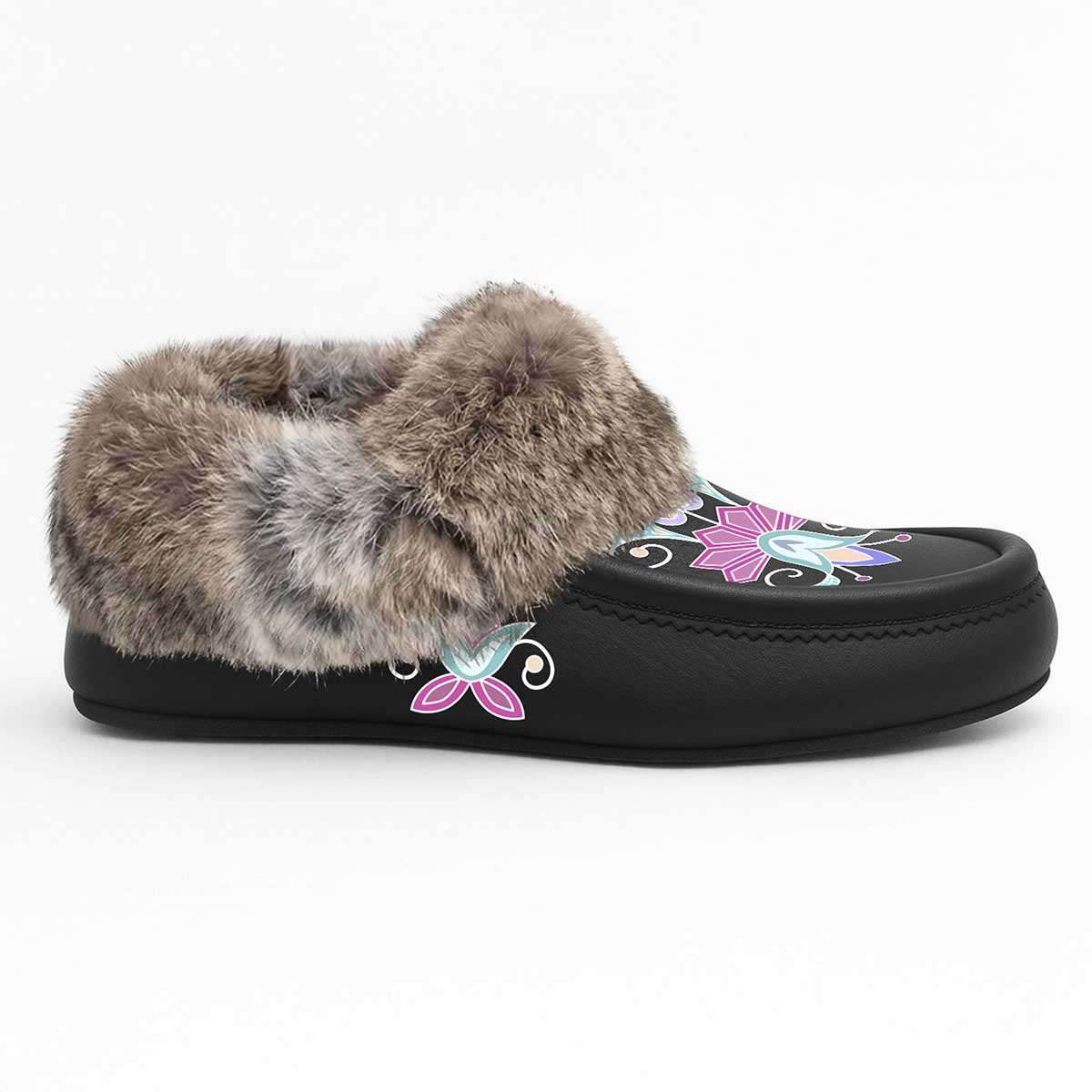 Moonlit Frost Black Leather Mottled Fur Moccasin