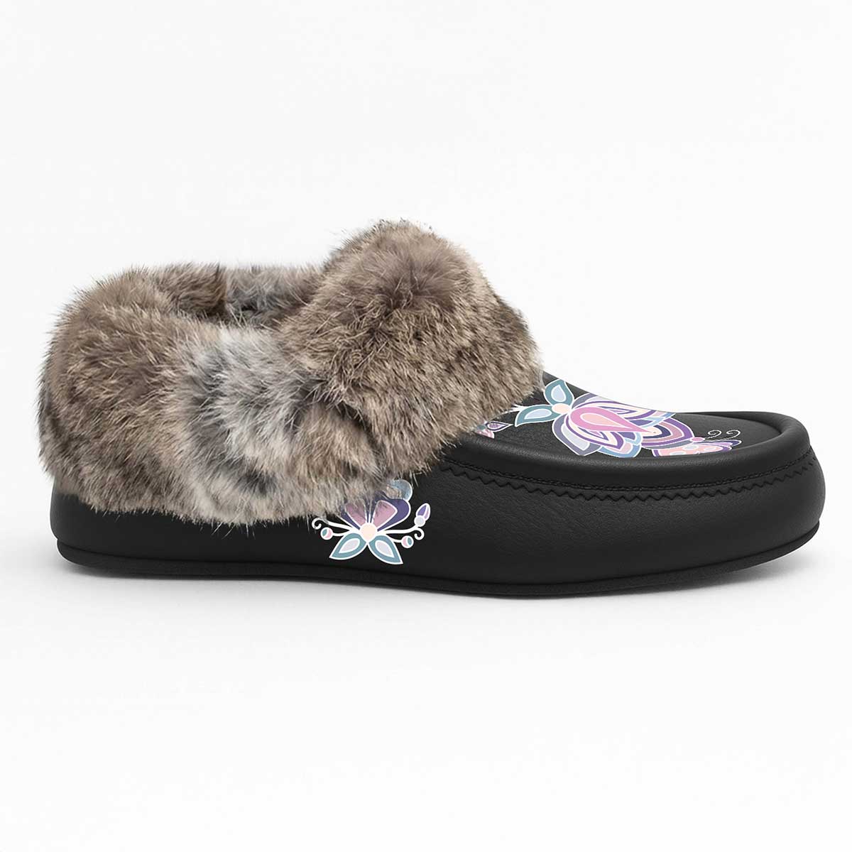 Snow Petal Spirit Black Leather Mottled Fur Moccasin