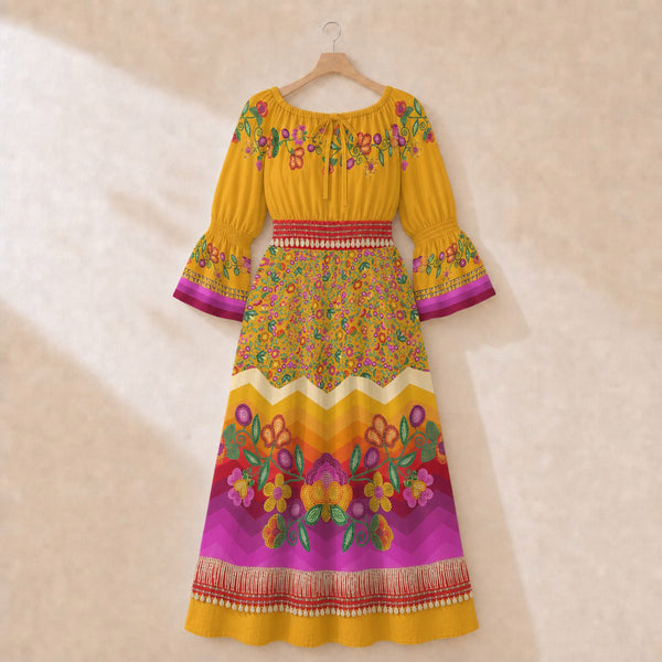 Boreal Bounty Yellow 3 Smocked Waist Peasant Dress