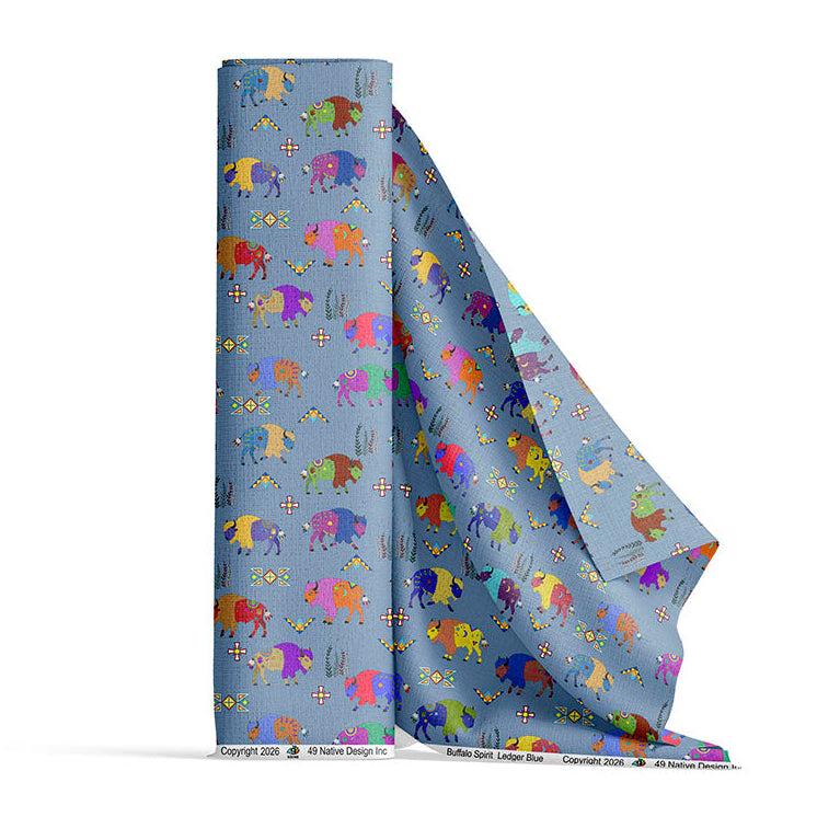 Buffalo Spirit Ledger Blue 42 Inch Cotton Poplin Pre Order