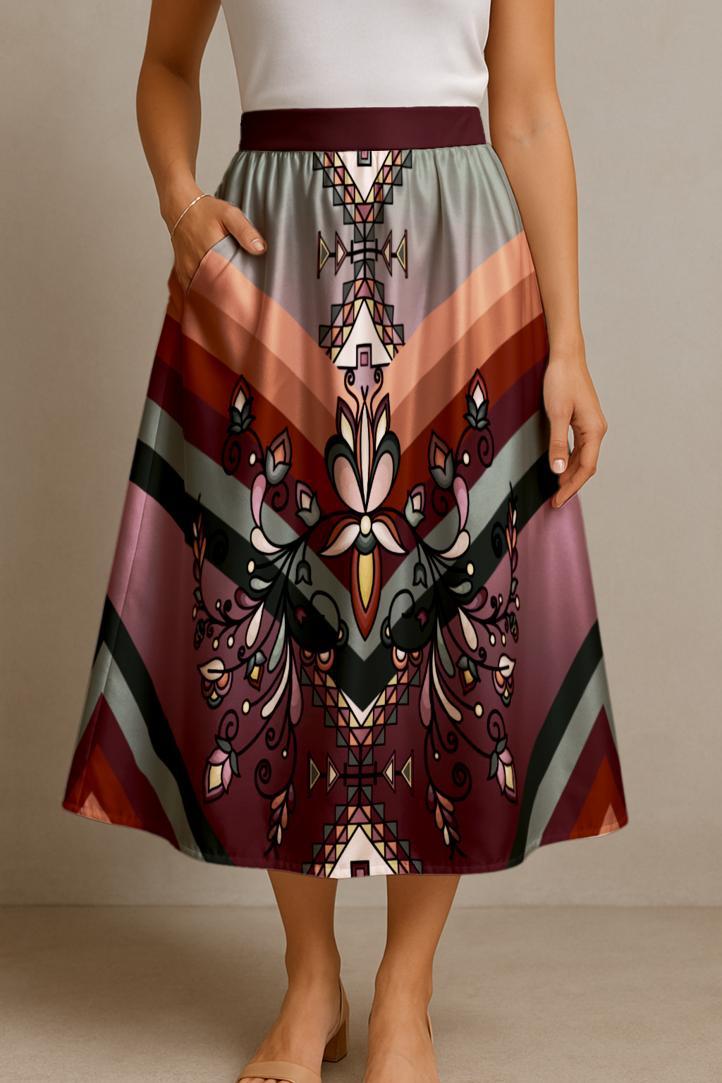 Burnt Sky Petals Elastic Waist Pocket Midi Skirt