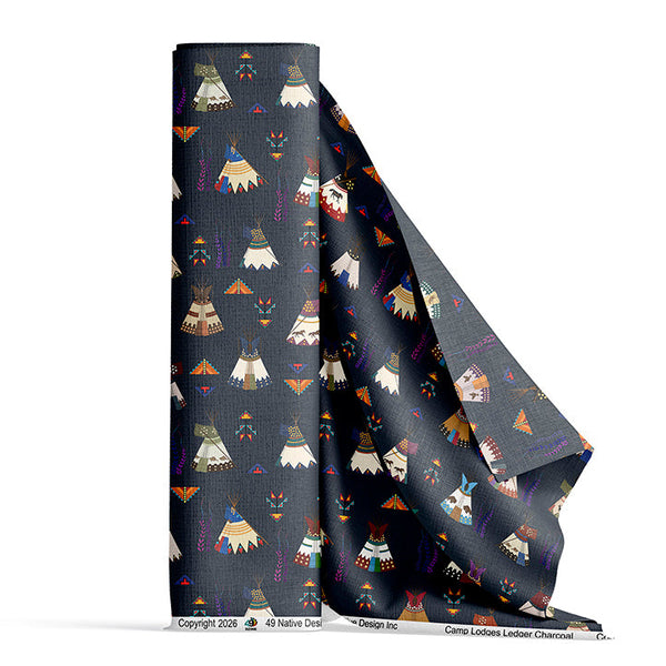 Camp Lodges Ledger Charcoal Satin Fabric By the Yard Pre Order