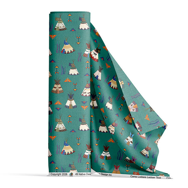 Camp Lodges Ledger Teal Satin Fabric By the Yard Pre Order