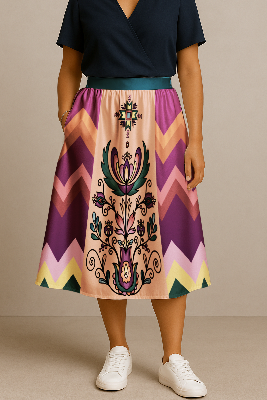 Cedar Wind Bloom Elastic Waist Pocket Midi Skirt