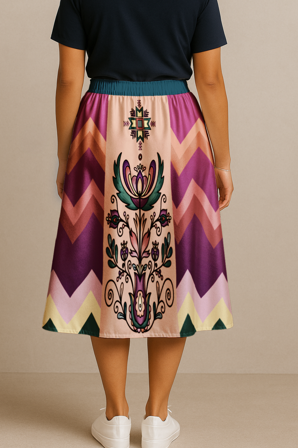 Cedar Wind Bloom Elastic Waist Pocket Midi Skirt