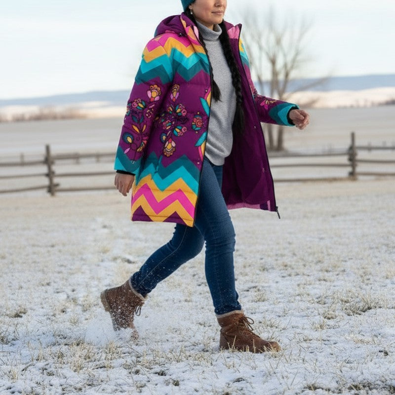 Copper Prairie Petals Women's Hooded Puffer Coat