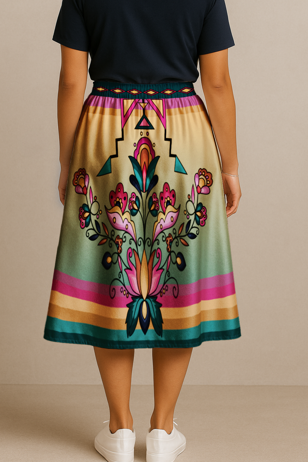 Copper Prairie Petals V1 Elastic Waist Pocket Midi Skirt