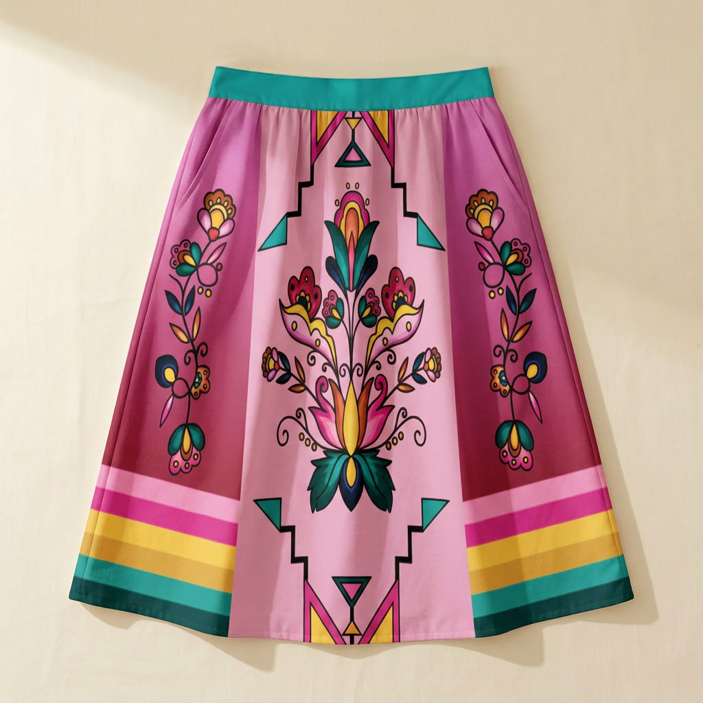 Copper Prairie Petals V2 Elastic Waist Pocket Midi Skirt