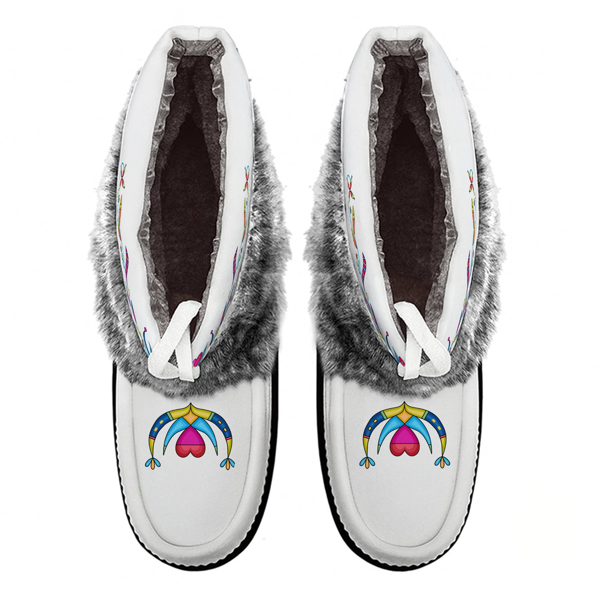 Cradle Creek White Leather MocLux Ankle with Grey Fur from above, sherpa lining, white ties and printed toe design