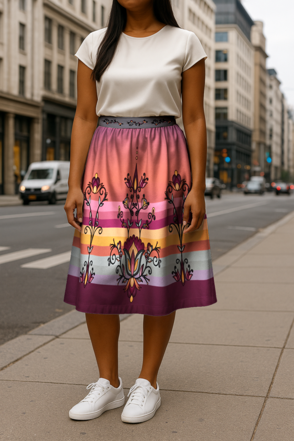 Crimson Drift Petals 05 Elastic Waist Pocket Midi Skirt