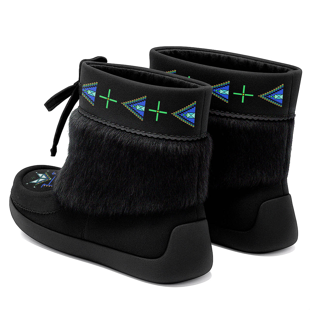 Eagle Strike Black Leather MocLux Ankle with Black Fur, back view of a pair with a cuff printed with blue geometric arrows and green crosses
