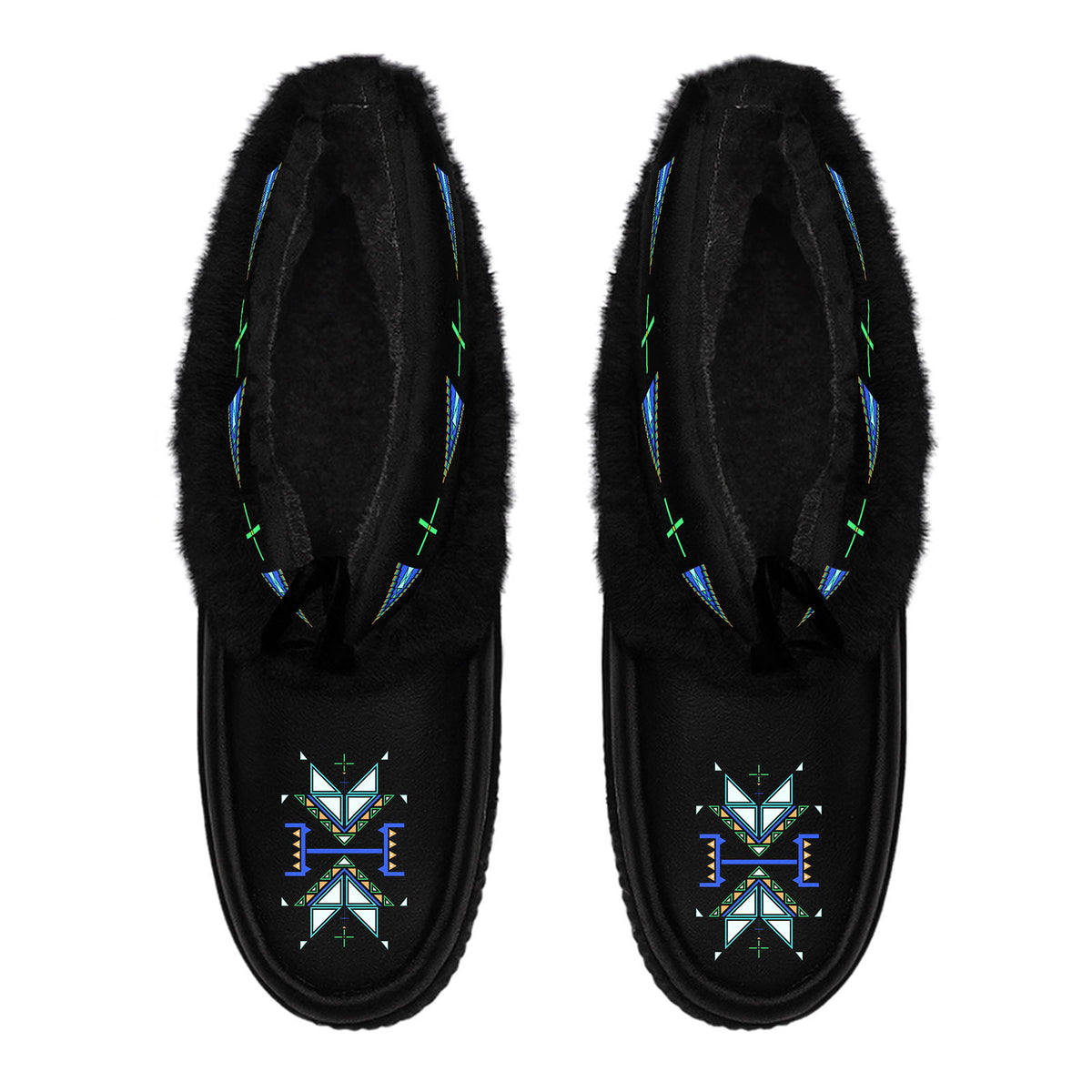 Eagle Strike Black Leather MocLux Ankle with Black Fur from above, sherpa lining, black ties and geometric eagle toe design