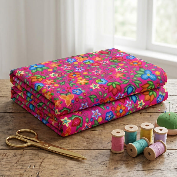 Morning Harmony Pink cotton poplin fabric folded in a stack on a wooden table with scissors and spools of thread