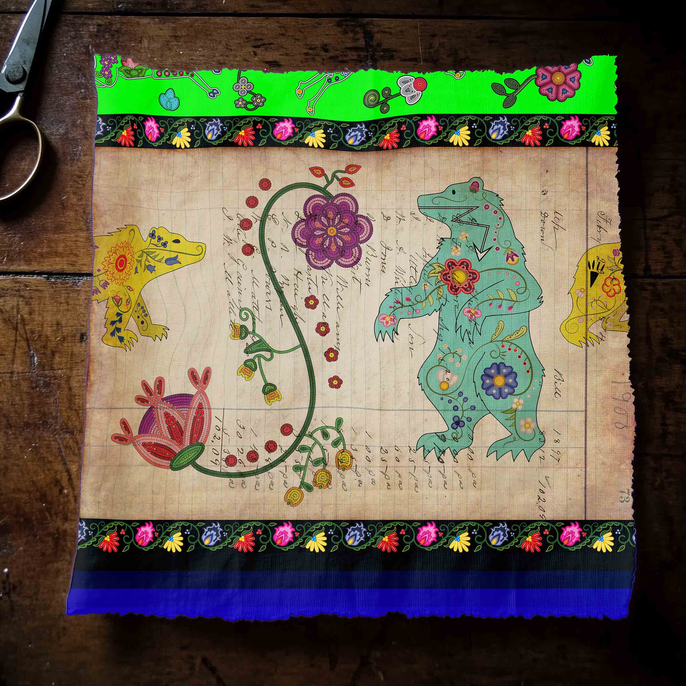 Floral Ledger Bear Neon Green 42 Inch Cotton Poplin Pre Order