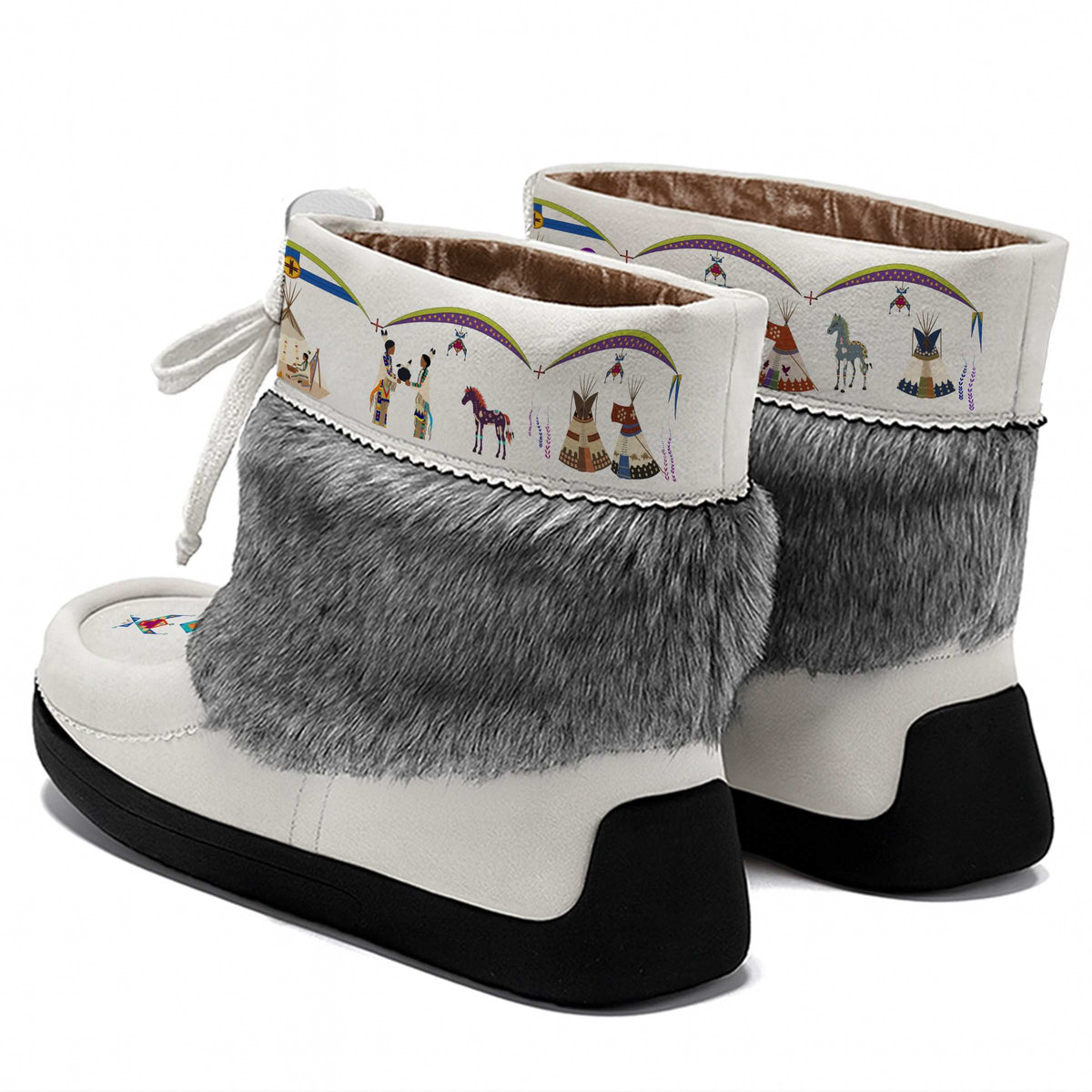 Legacy of the Rainy Chief White Leather MocLux Ankle with Grey Fur, back view of a pair with a cuff printed with tipis, horses and figures under rainbow arches