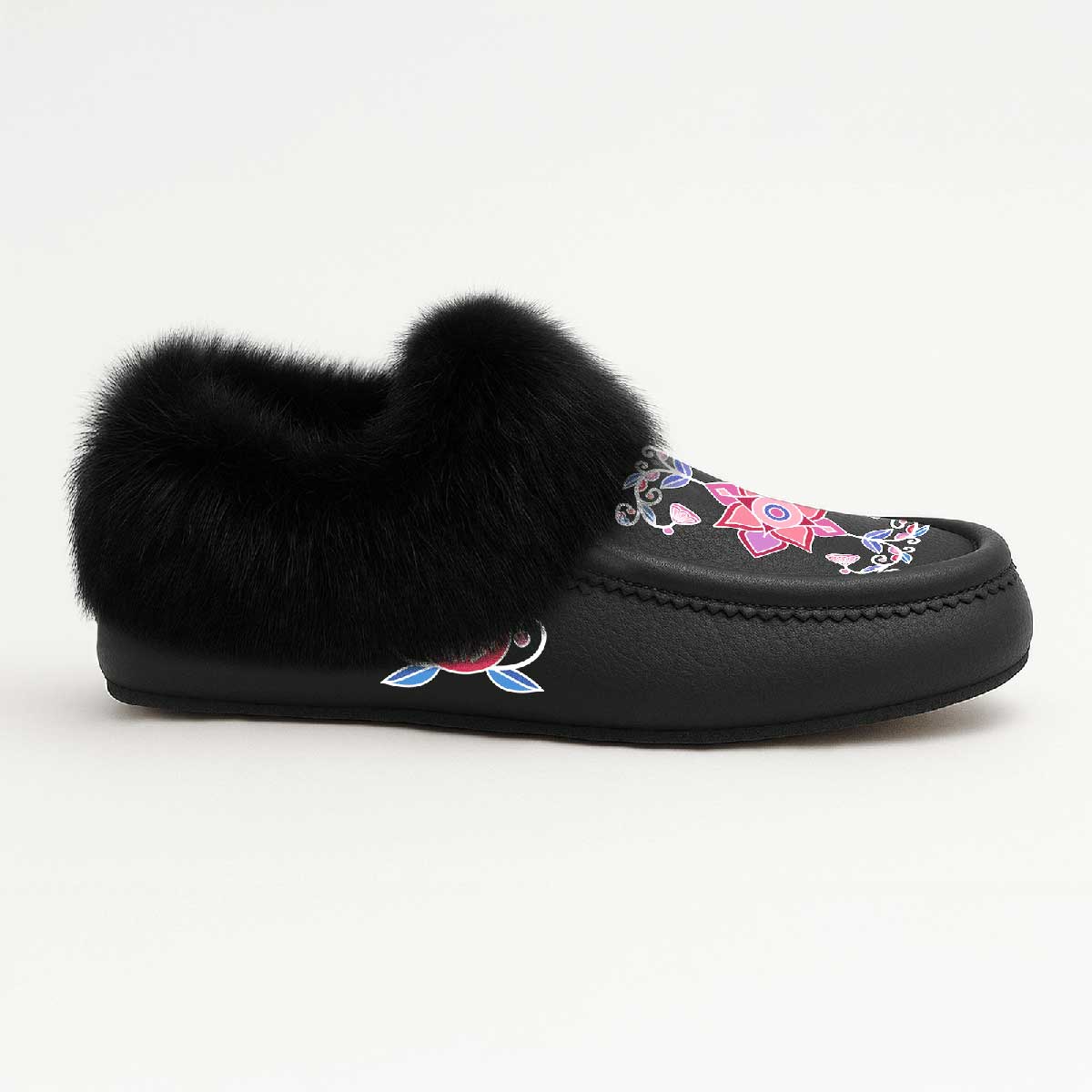 Frost Flower Circle Black Leather Black Fur Moccasin