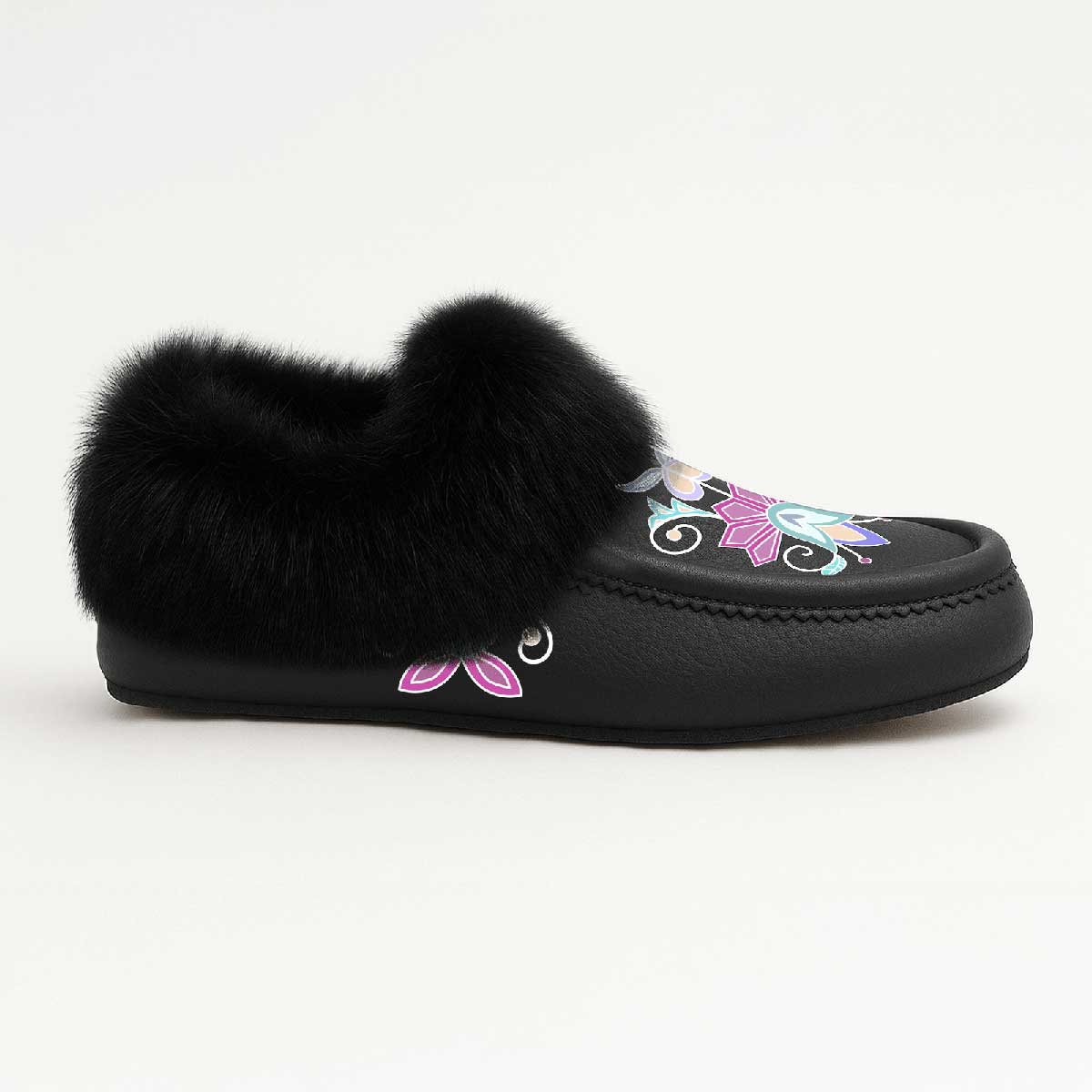 Moonlit Frost Black Leather Black Fur Moccasin