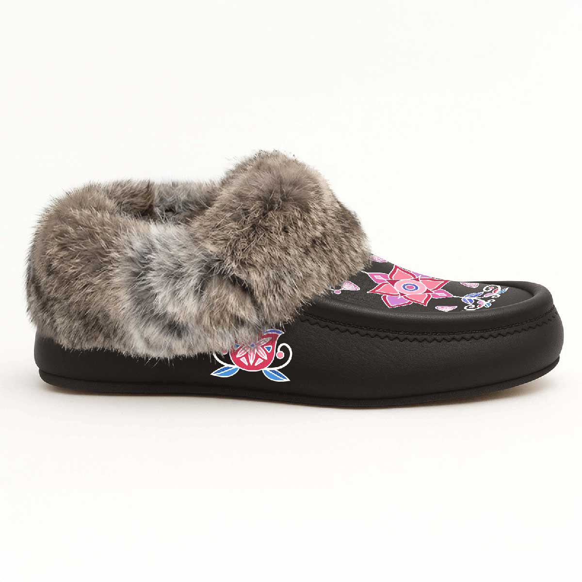 Frost Flower Circle Black Leather Mottled Fur Moccasin