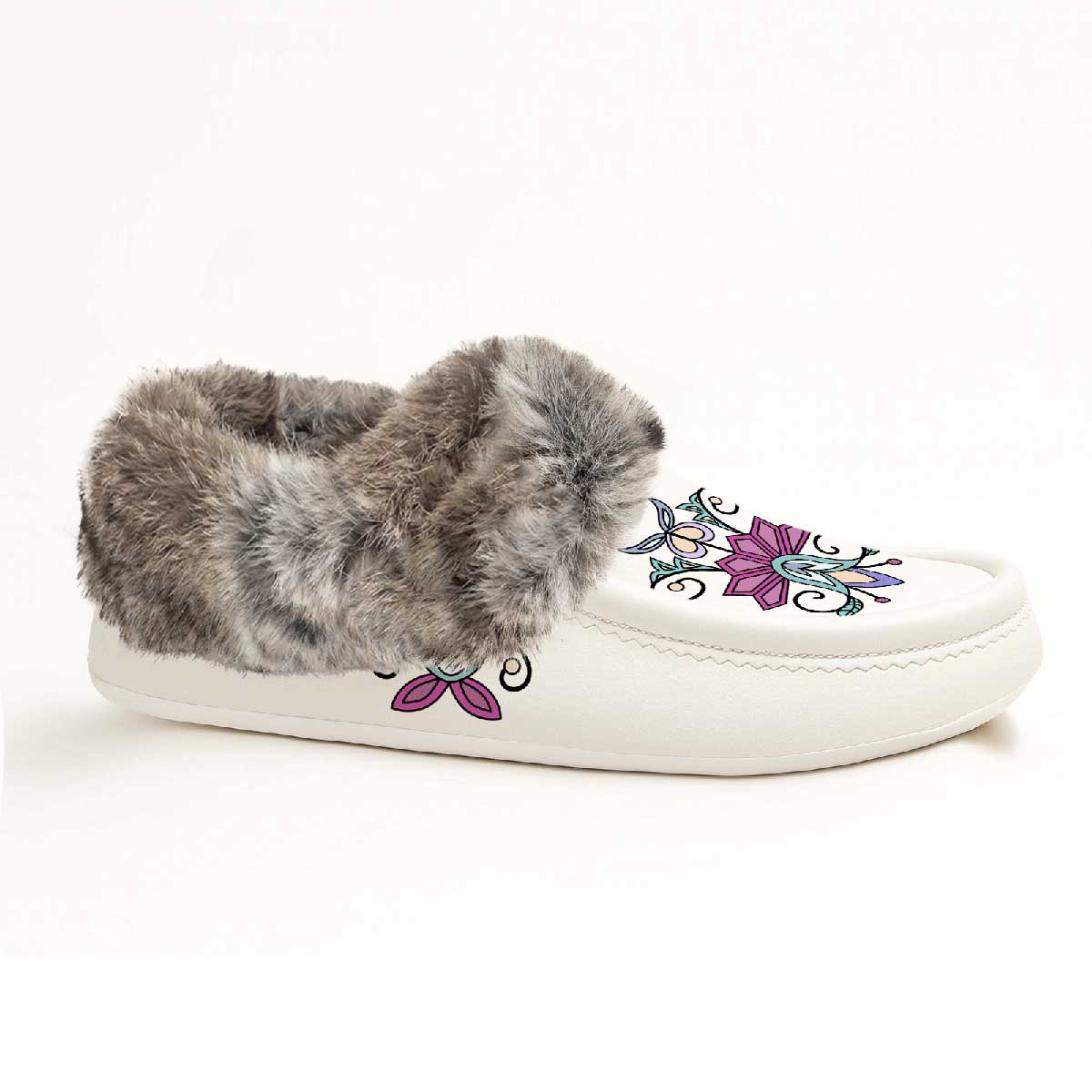 Moonlit Frost White Leather Mottled Fur Moccasin