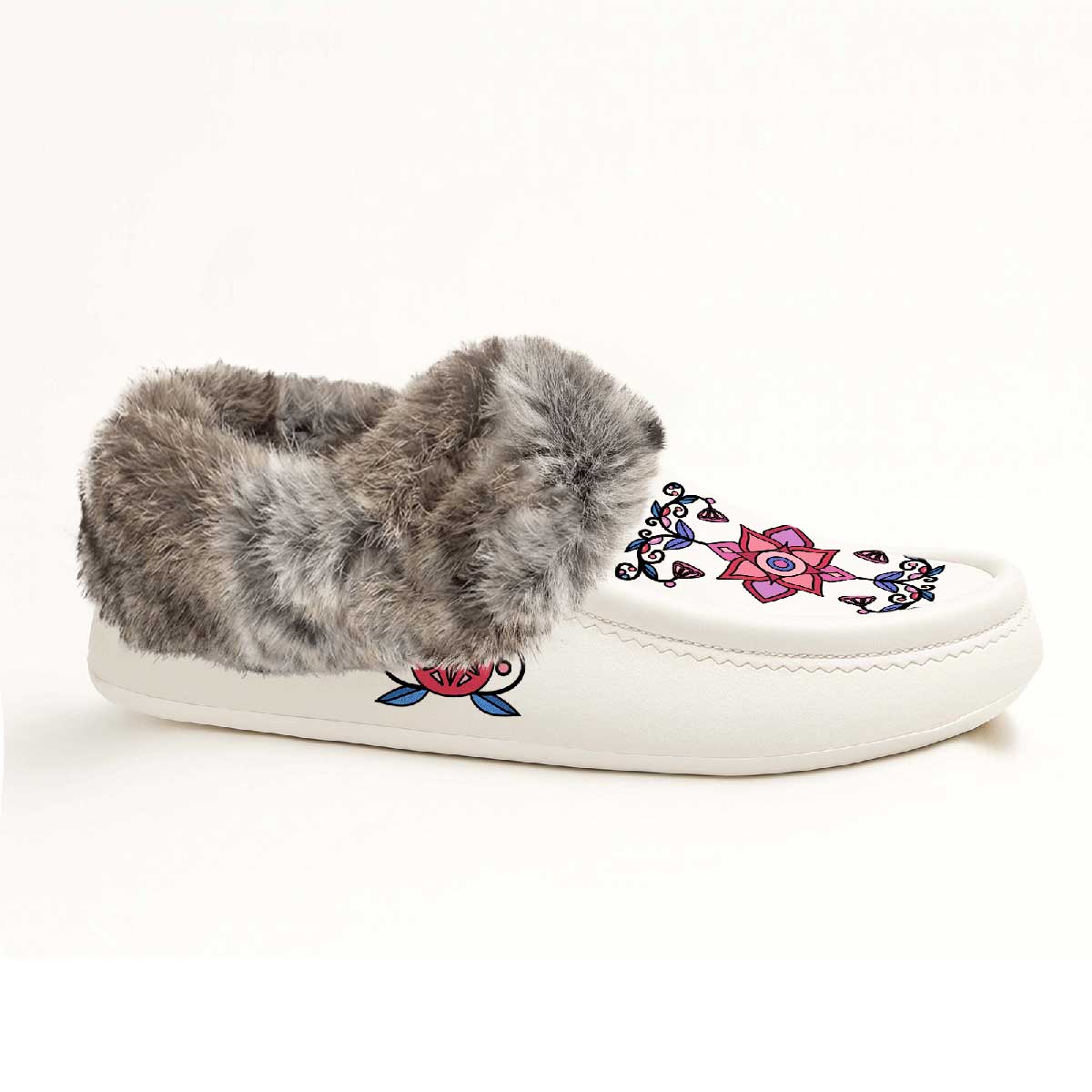 Frost Flower Circle White Leather Mottled Fur Moccasin