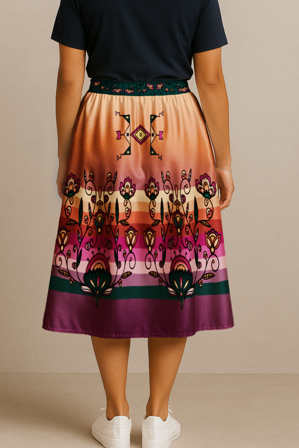 Maple Shine Ribbon Rose Elastic Waist Pocket Midi Skirt