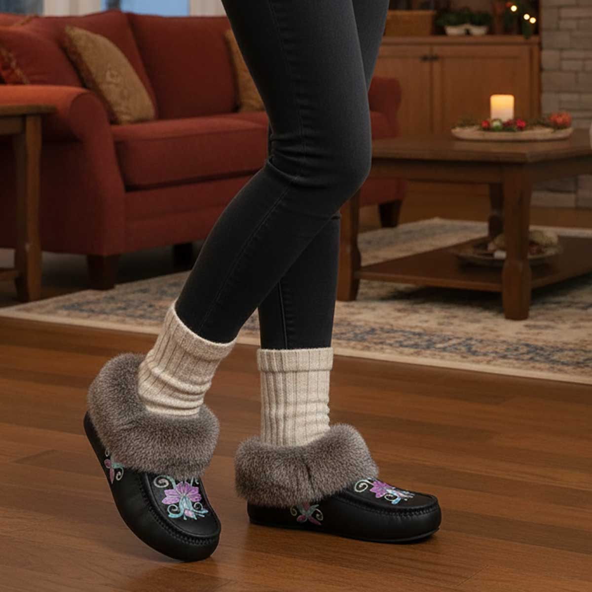 Moonlit Frost Black Leather Mottled Fur Moccasin