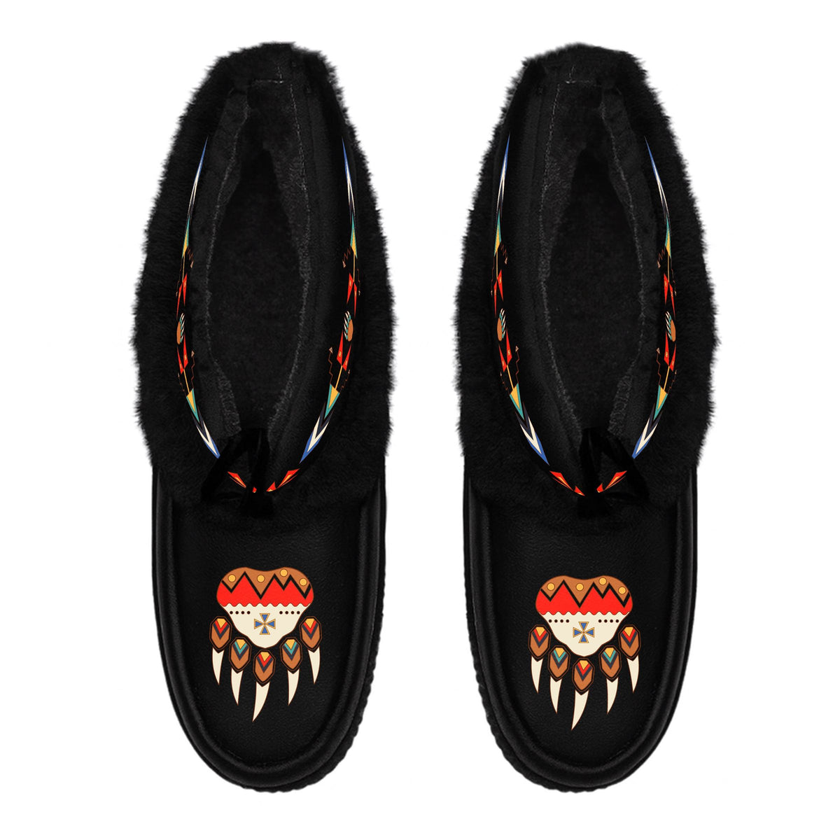 Morning Star Bear Black Leather MocLux Ankle with Black Fur from above, sherpa lining, black ties and bear paw toe design