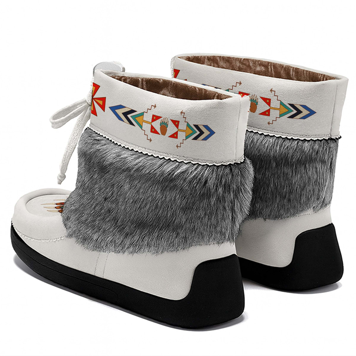 Morning Star White Leather MocLux Ankle with Grey Fur, back view of a pair with a cuff printed with red, yellow and teal geometric stars and arrows