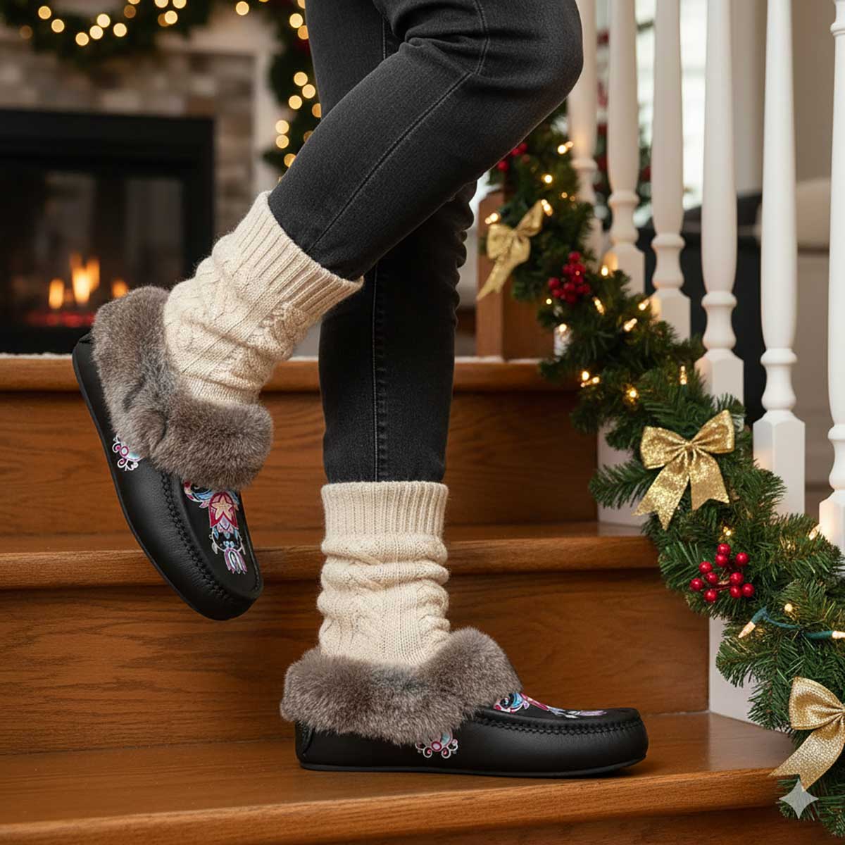 Northern Ember Black Leather Mottled Fur Moccasin