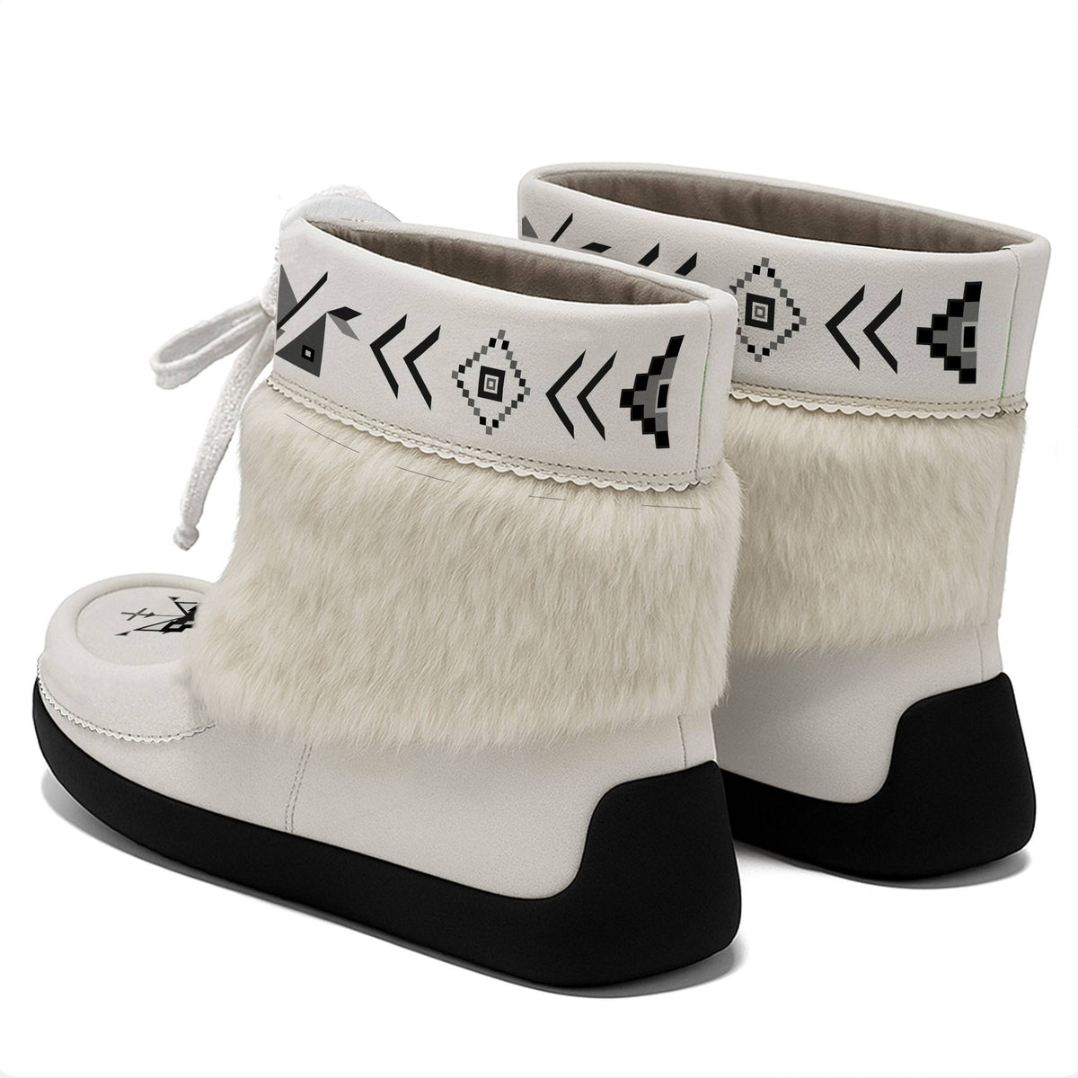 Owl Watcher white ankle MocLux (white fur) pair from behind at an angle, fur band above the heels