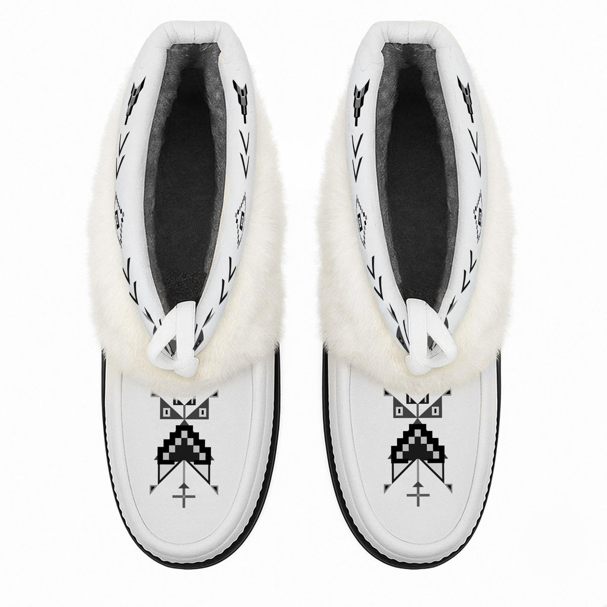 Owl Watcher white ankle MocLux (white fur) from above, showing the plush lining and printed toes