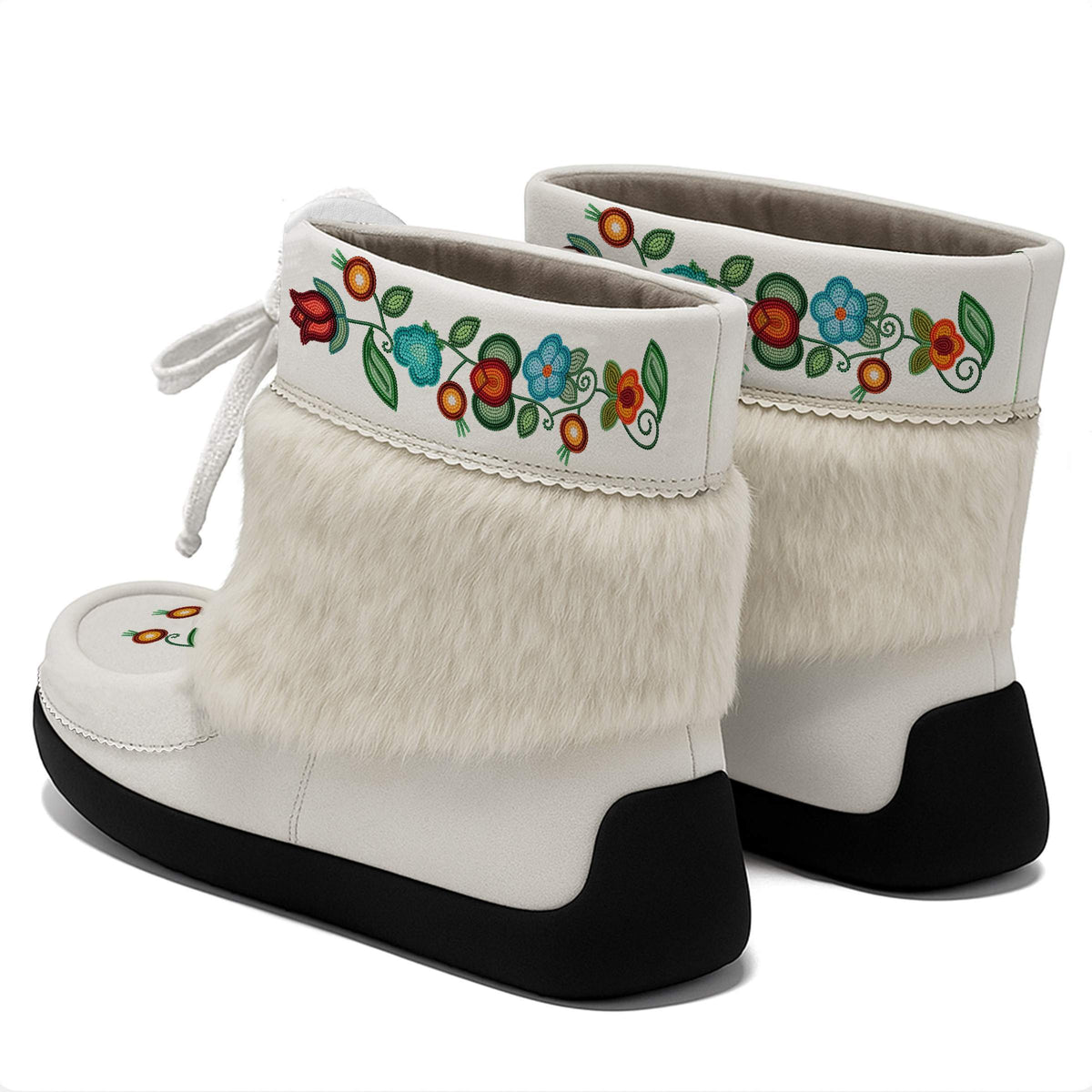 Prairie Fire Petal white ankle MocLux (white fur) pair from behind at an angle, fur band above the heels