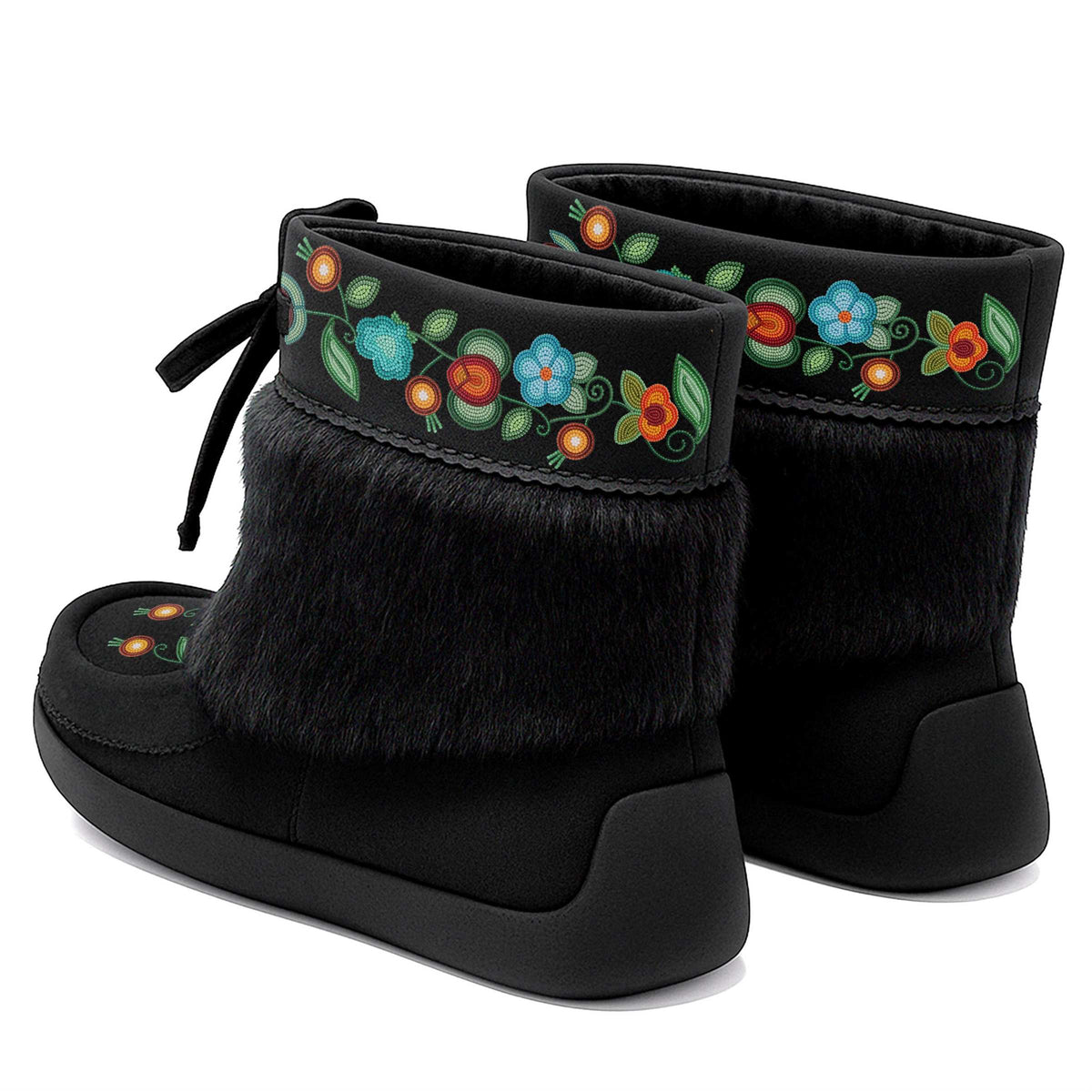 Prairie Fire Petals Black Leather MocLux Ankle with Black Fur, back view of a pair with a cuff printed with beadwork-style turquoise and orange flowers