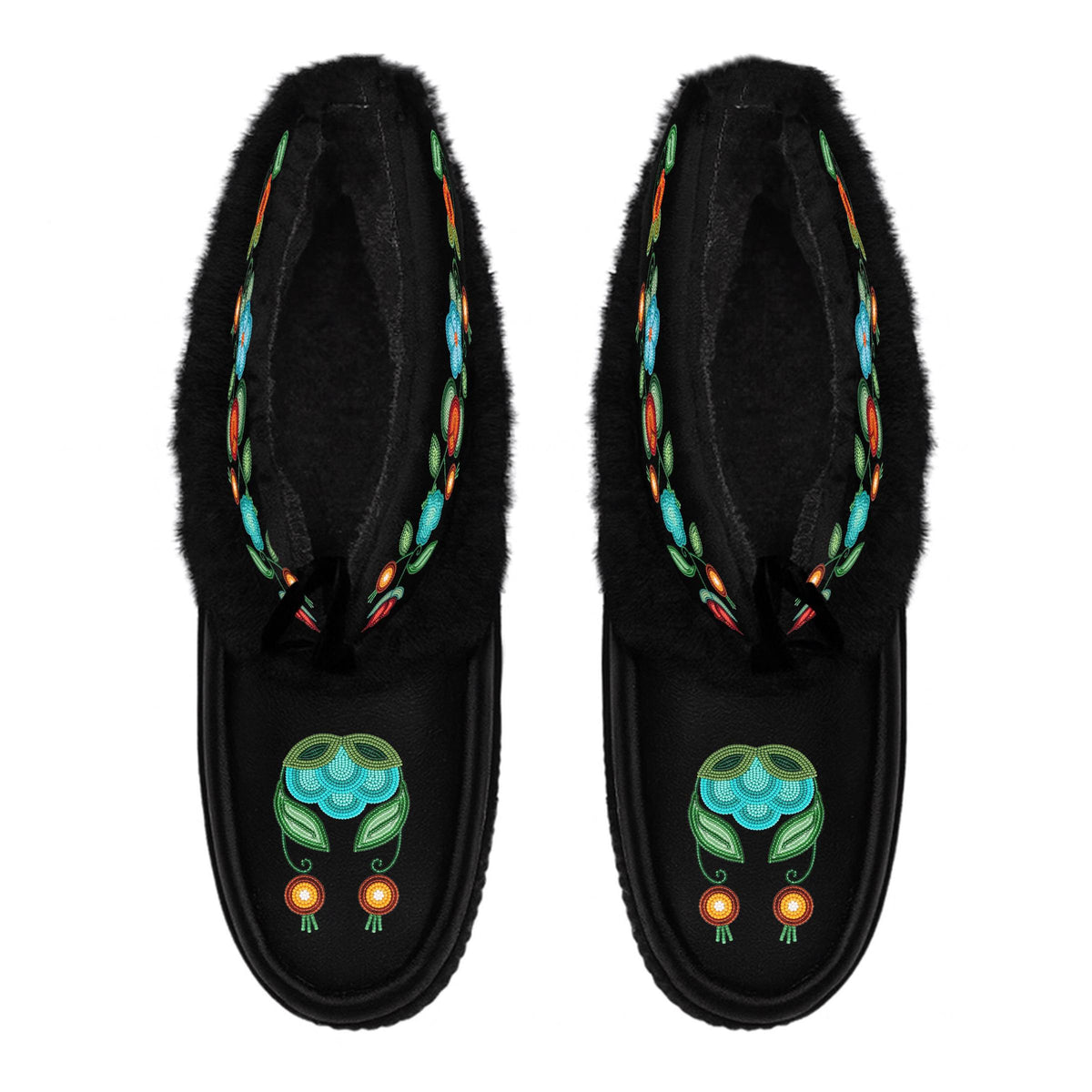 Prairie Fire Petals Black Leather MocLux Ankle with Black Fur from above, sherpa lining, black ties and turquoise flower toe design