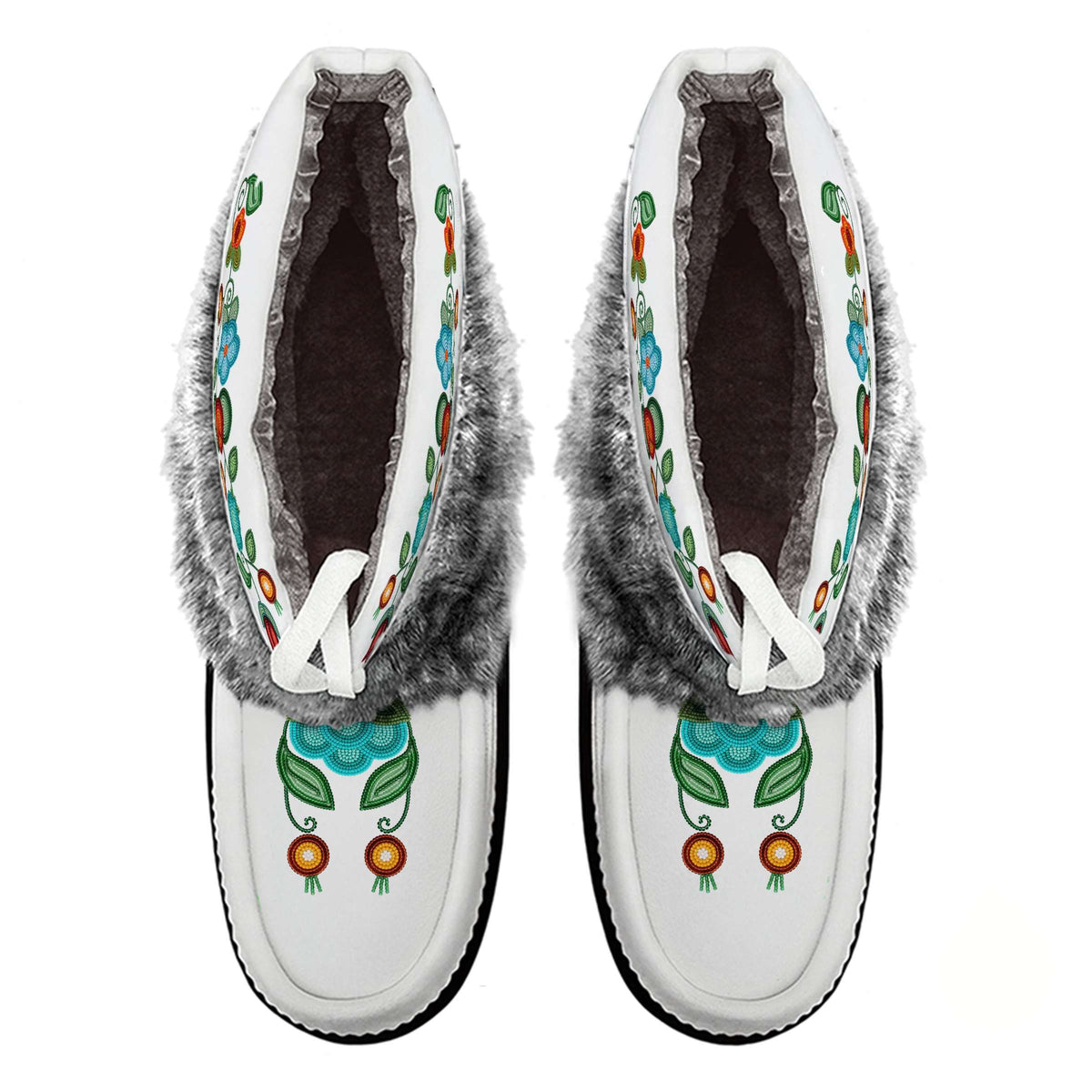 Prairie Fire Petals White Leather MocLux Ankle with Grey Fur from above, sherpa lining, white ties and printed toe design