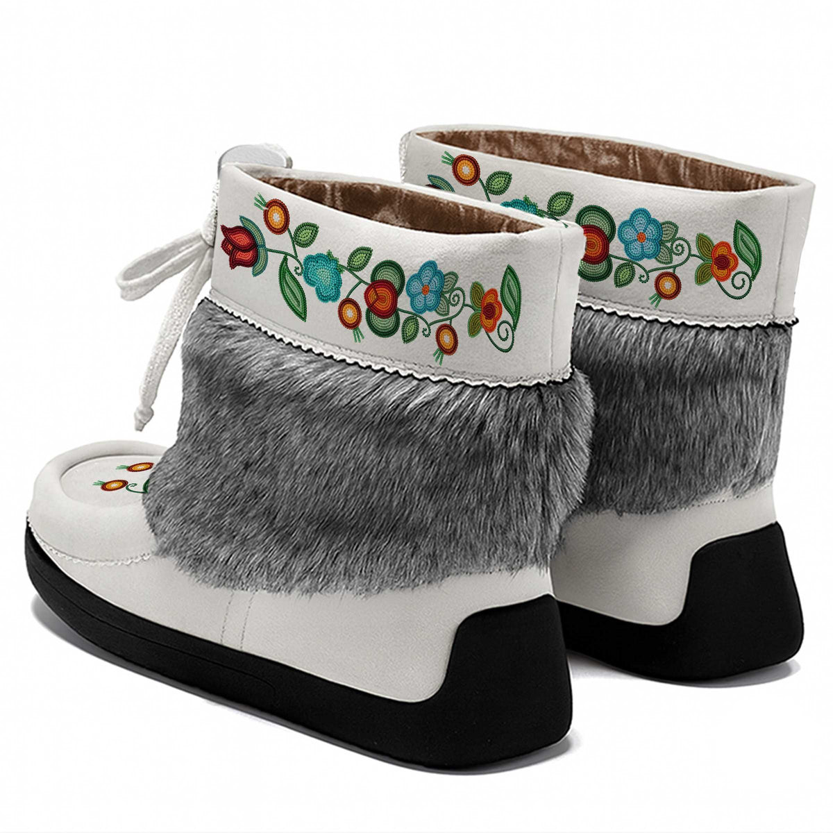 Prairie Fire Petals White Leather MocLux Ankle with Grey Fur, back view of a pair with a cuff printed with red, blue and orange flowers on a green vine