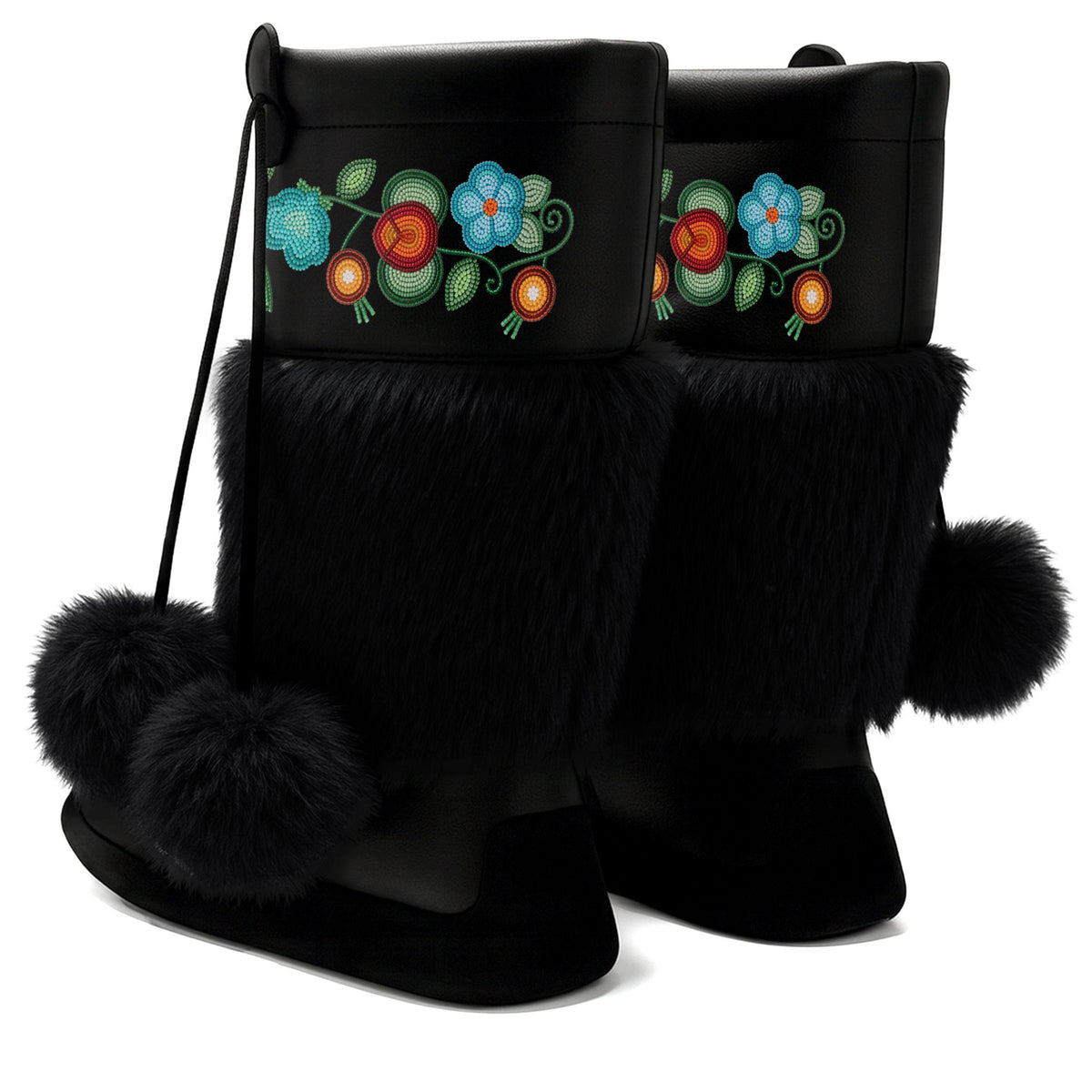 Prairie Fire Petals Black Real Leather MocLux Calf with Black Fur