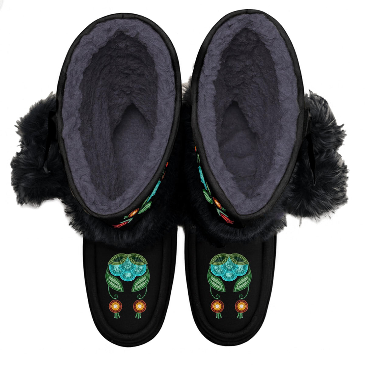 Prairie Fire Petals Black Real Leather MocLux Calf with Black Fur