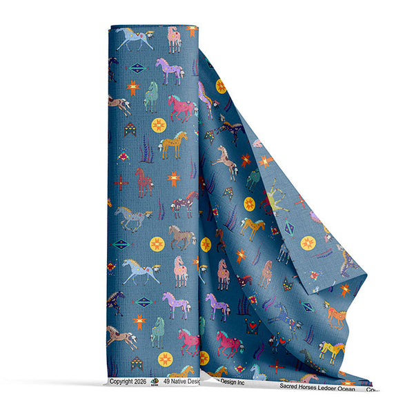 Sacred Horses Ledger Ocean Satin Fabric By the Yard Pre Order