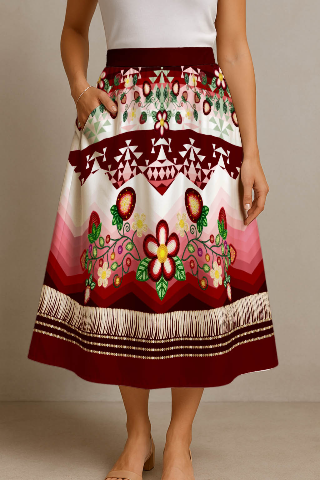 Sacred Strawberry Maroon 2 Elastic Waist Pocket Midi Skirt