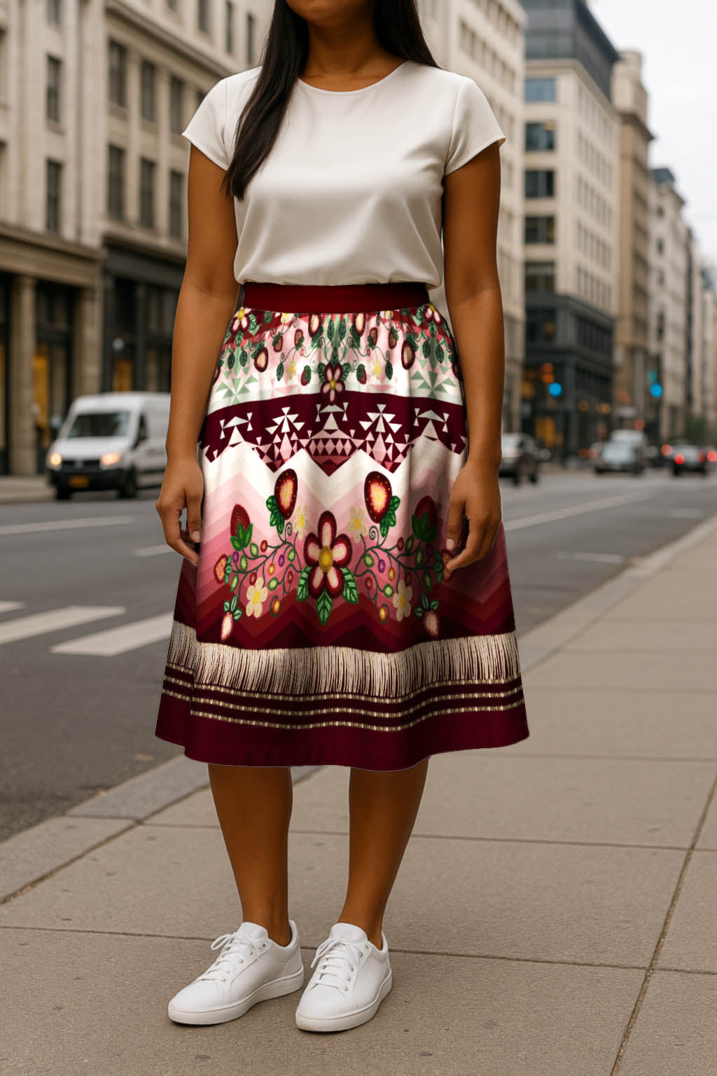 Sacred Strawberry Maroon 2 Elastic Waist Pocket Midi Skirt