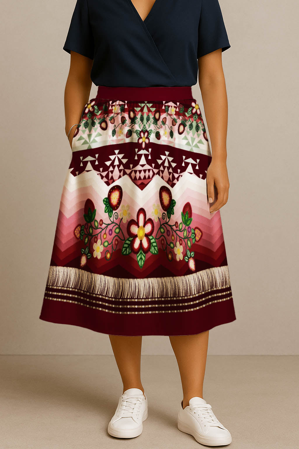 Sacred Strawberry Maroon 2 Elastic Waist Pocket Midi Skirt