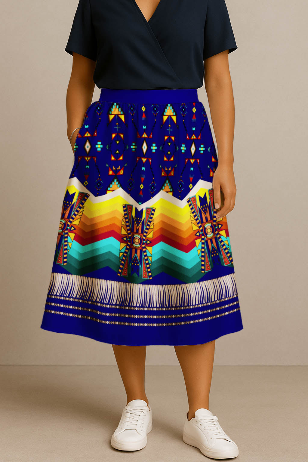 Sentinel of the Plains Navy 1 Elastic Waist Pocket Midi Skirt