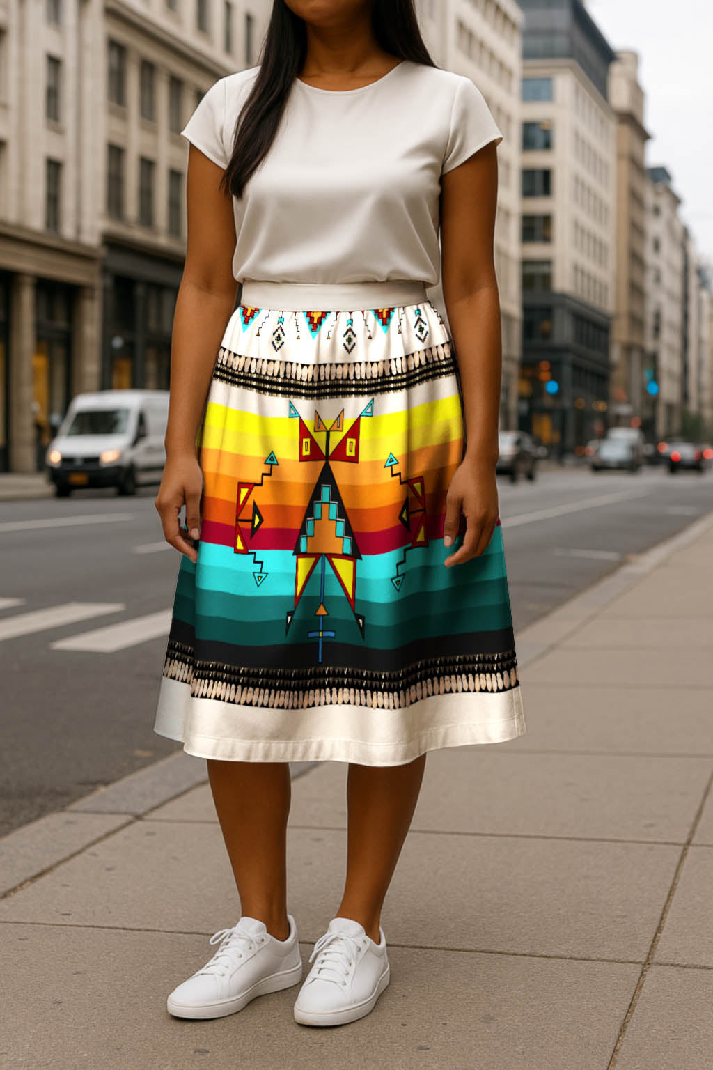 Sentinel of the Plains White 3 Elastic Waist Pocket Midi Skirt