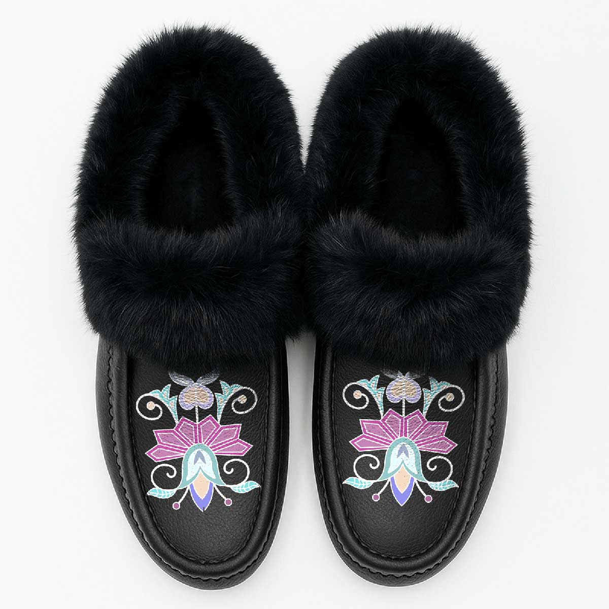 Moonlit Frost Black Leather Black Fur Moccasin
