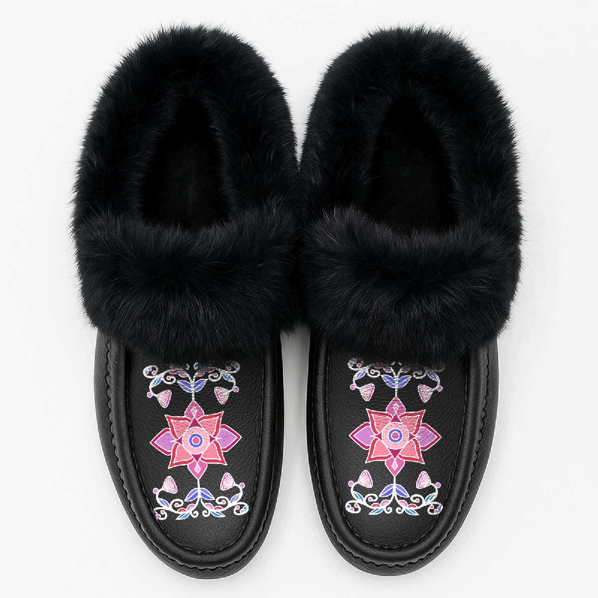 Frost Flower Circle Black Leather Black Fur Moccasin