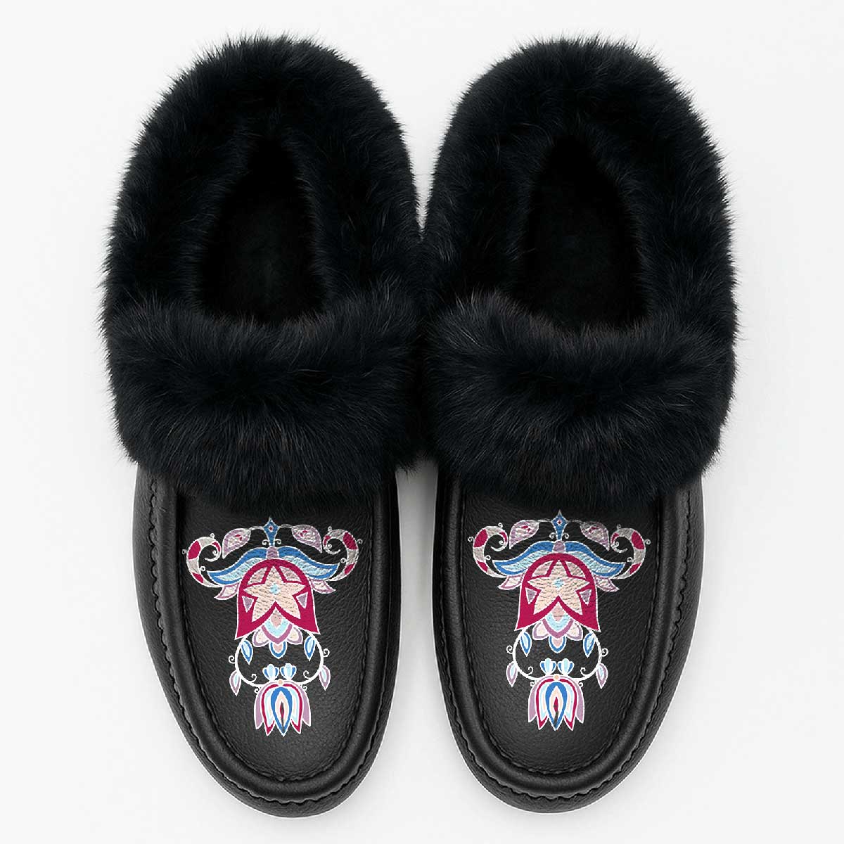 Northern Ember Black Leather Black Fur Moccasin