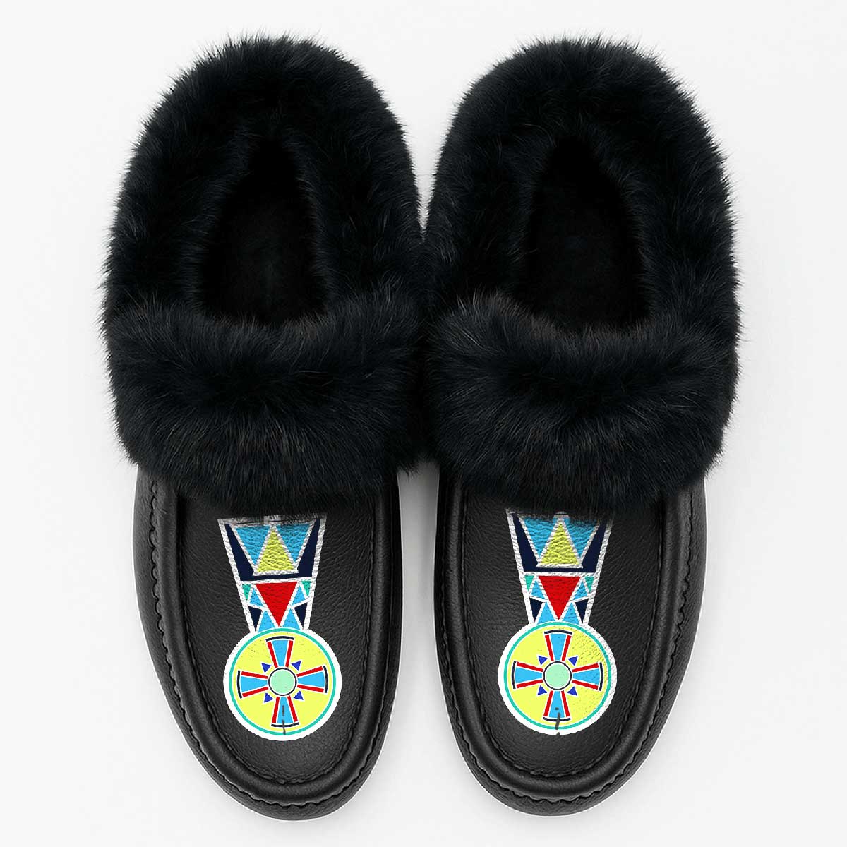 Firewheel Emblem Black Leather Black Fur Moccasin